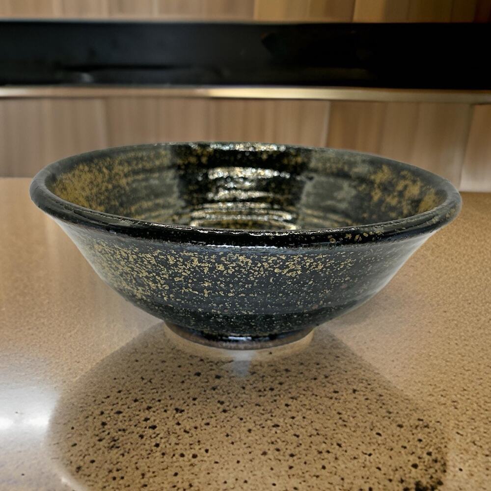 Vintage Hand Made Footed Ceramic Trinket Bowl Signed 7" Black Gold Tan Glazes